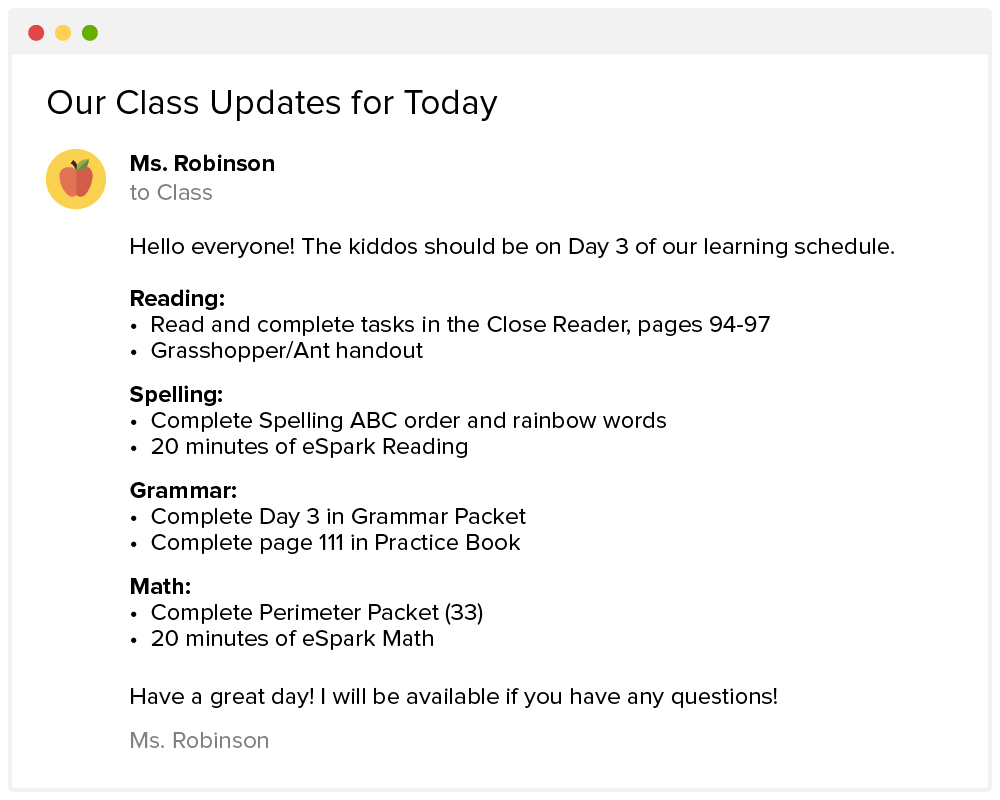 Distance Learning Email from a Teacher